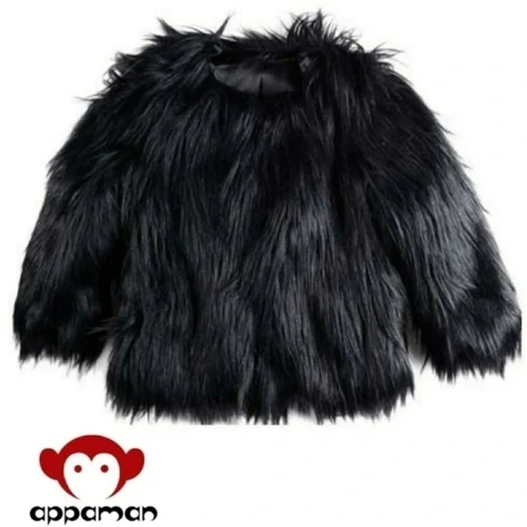 APPAMAN FAUX FUR COAT BLACK girl size 6